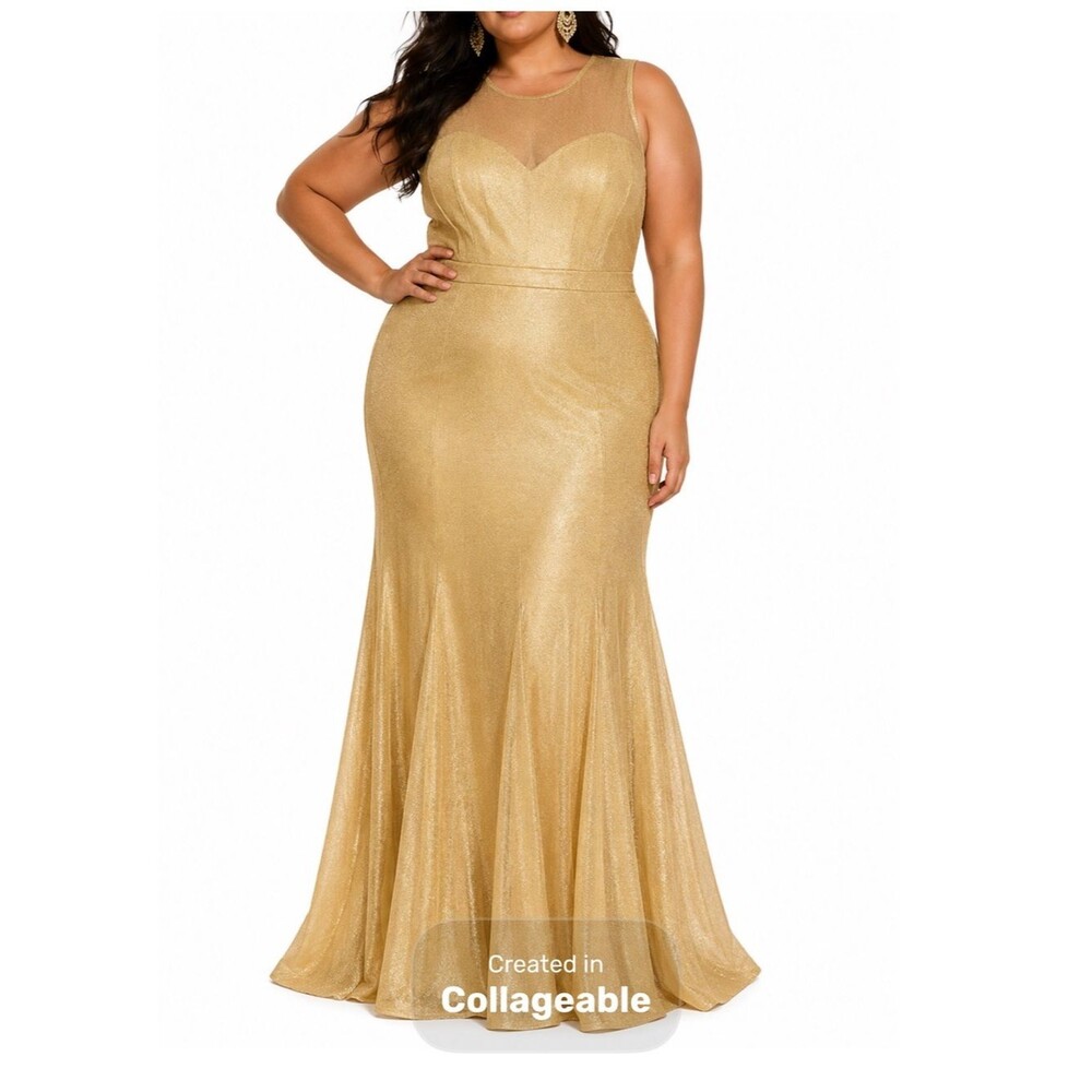 Gold Metallic Mermaid Maxi Dress Old Hollywood Glam Golden Goddess Formal 1X
